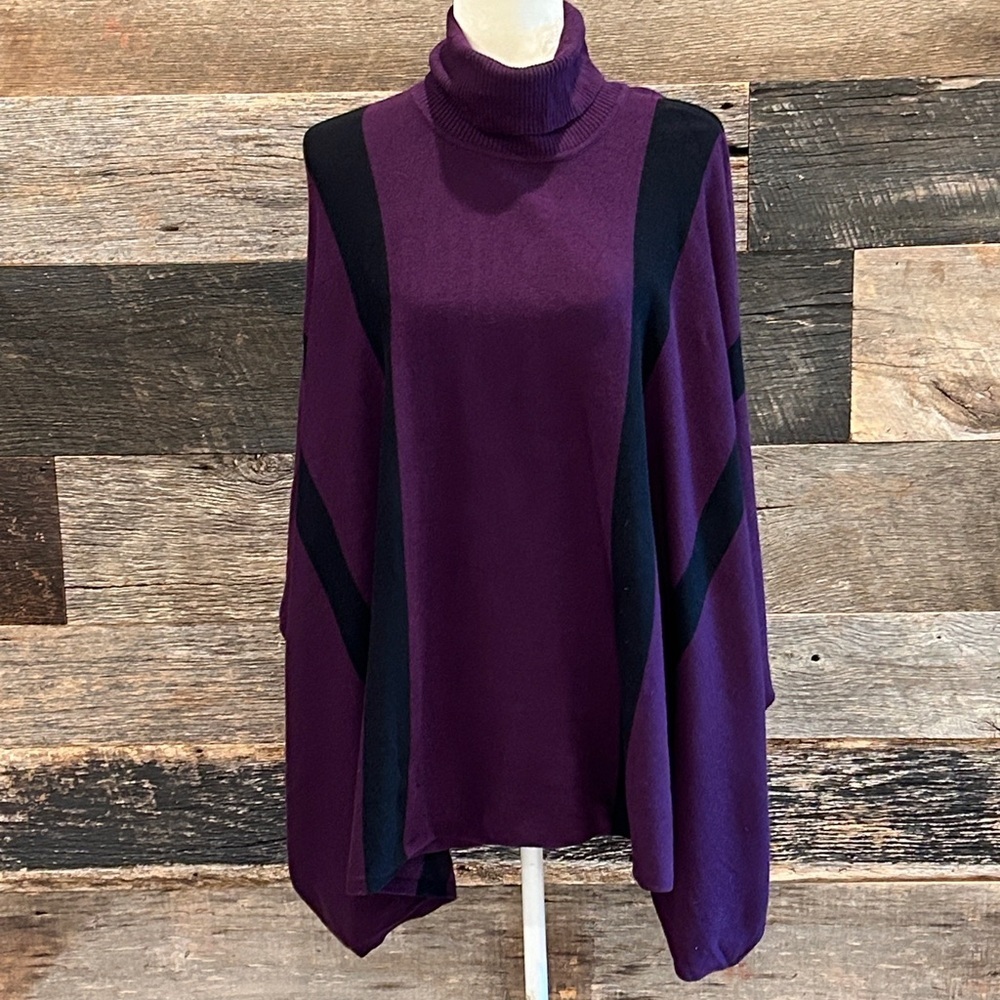 Alfani Purple With Black Stripe Knit Batwing Sleeve Turtleneck Sweater. Medium